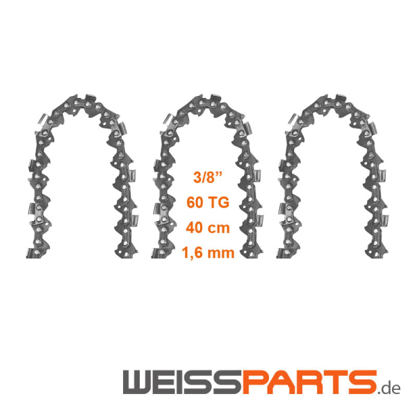 Sägekette 3/8" 1,6 mm 60 TG für Motorsäge Kettensäge, Daten verbautes Schwert / Führungsschiene prüfen; Montage gemäß Explosionszeichnung auf Kettenrad und Schwert; Ersatzteile von WEISSPARTS