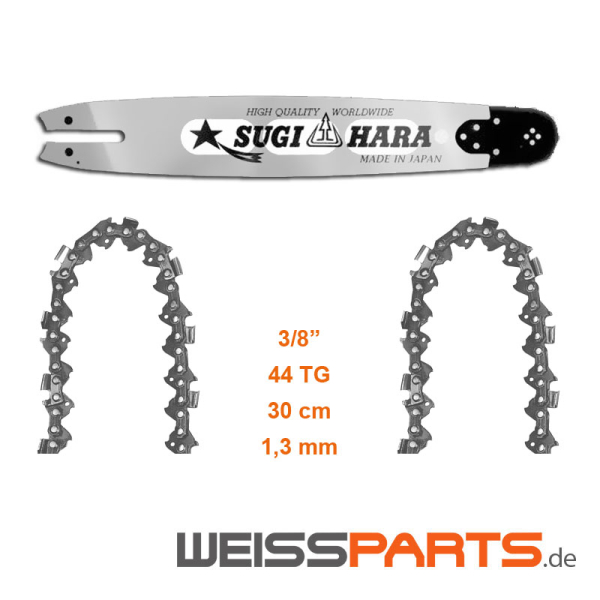 SUGIHARA 30 cm Schwert / Führungsschiene inkl. 2 Halbmeißelketten; Montage gemäß Explosionszeichnung auf Kettenrad und Schwert; STIHL Ersatzteile von WEISSPARTS