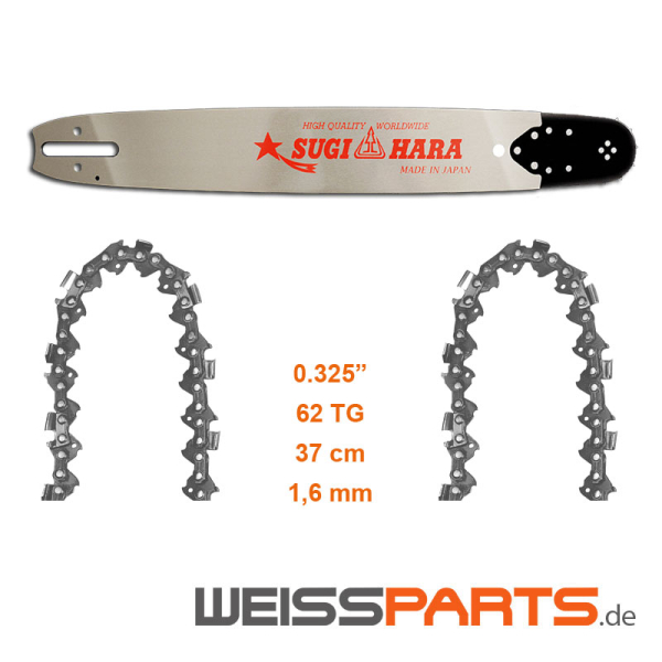 SUGIHARA 37 cm Schwert / Führungsschiene inkl. 2 Halbmeißelketten; Montage gemäß Explosionszeichnung auf Kettenrad und Schwert; STIHL Ersatzteile von WEISSPARTS